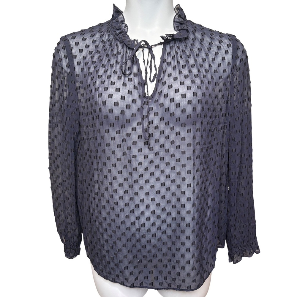 BODEN Navy Blue Swiss Dot Tie Neck Ruffle Sheer Blouse 14 Coquette Romantic Chic